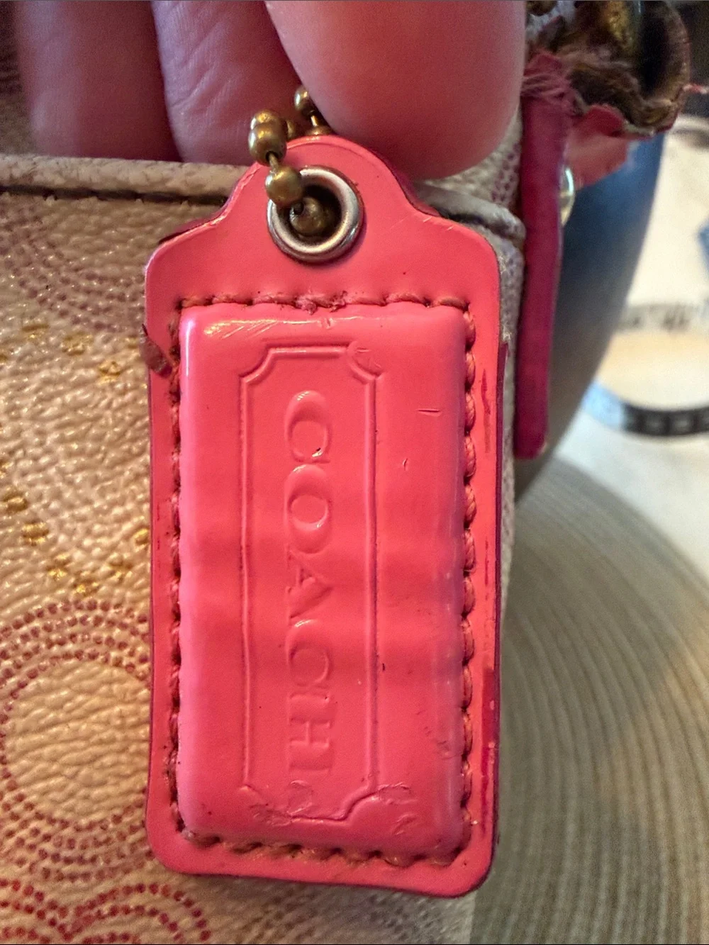 Coach Y2K Waverly Op Art Beige Crossbody with Pink Heart Motif Guitar Strap